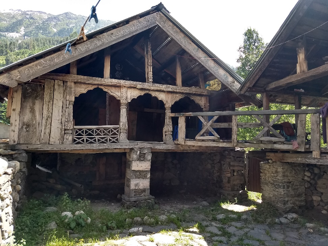 Bagori Village traditional Jad architecture with Himalayan peaks, Harsil Valley Uttarkashi Uttarakhand