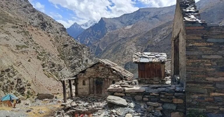 Jadung abandoned village ruins carved wooden pillars Jadh Ganga Valley Gangotri National Park Uttarkashi Uttarakhand
