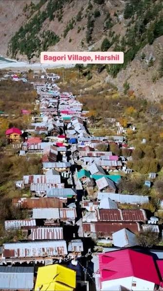 Bagori Village traditional Jad architecture with Himalayan peaks, Harsil Valley Uttarkashi Uttarakhand