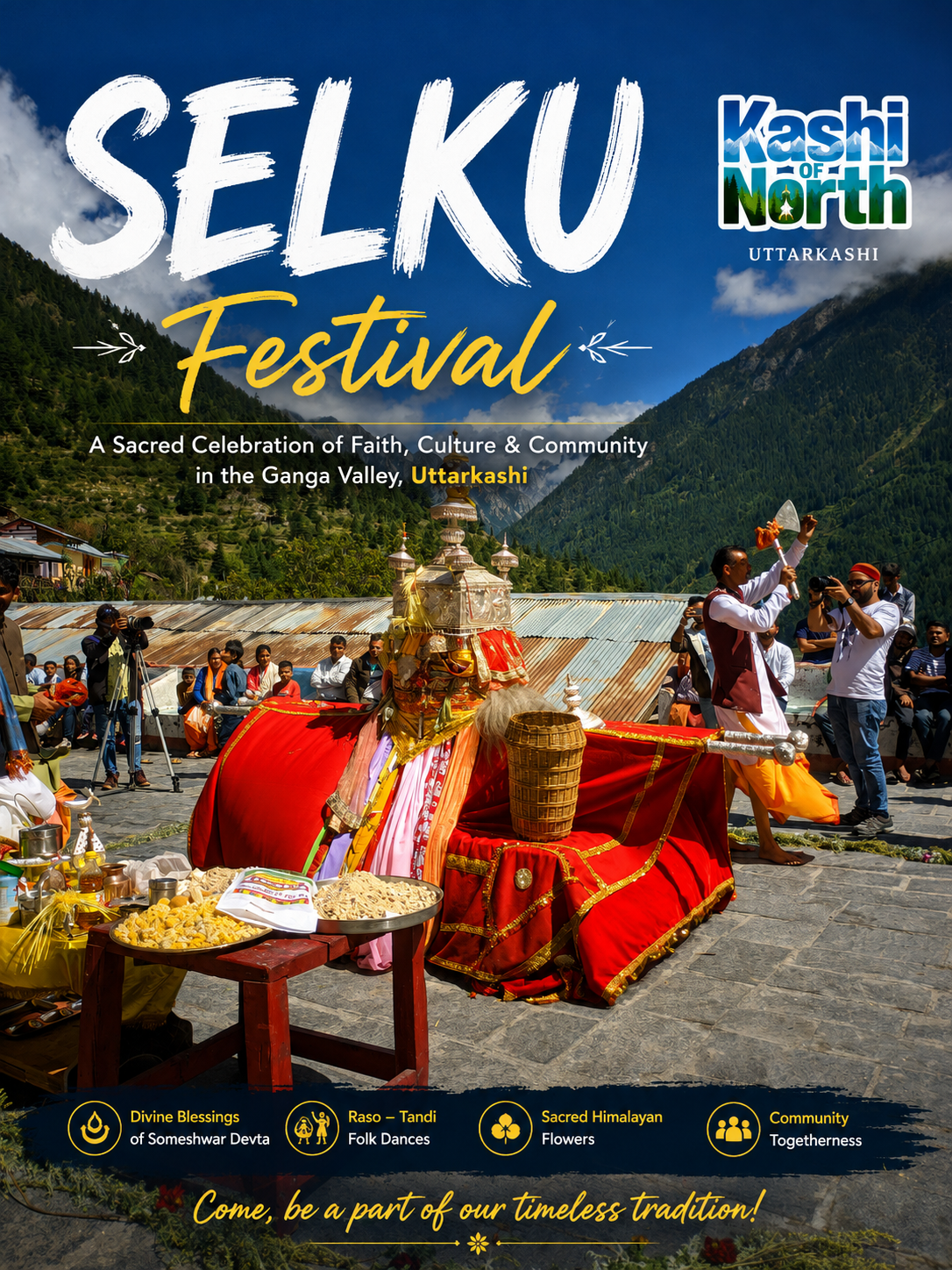 Selku Festival in Uttarkashi, Ganga Valley with traditional Himalayan shrine and Kashi of North logo