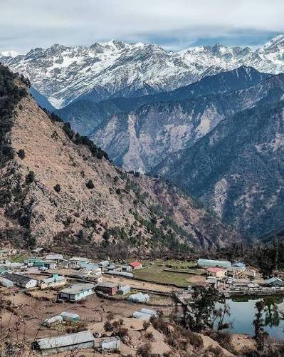 Barsu Village terraced fields with Himalayan peaks in the background